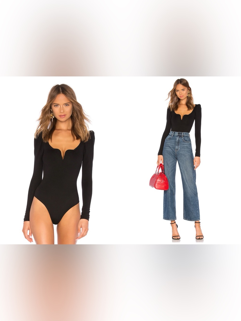 LPA Sweetheart Bodysuit Black Puff Sleeve Boned Bodice Size S NEW